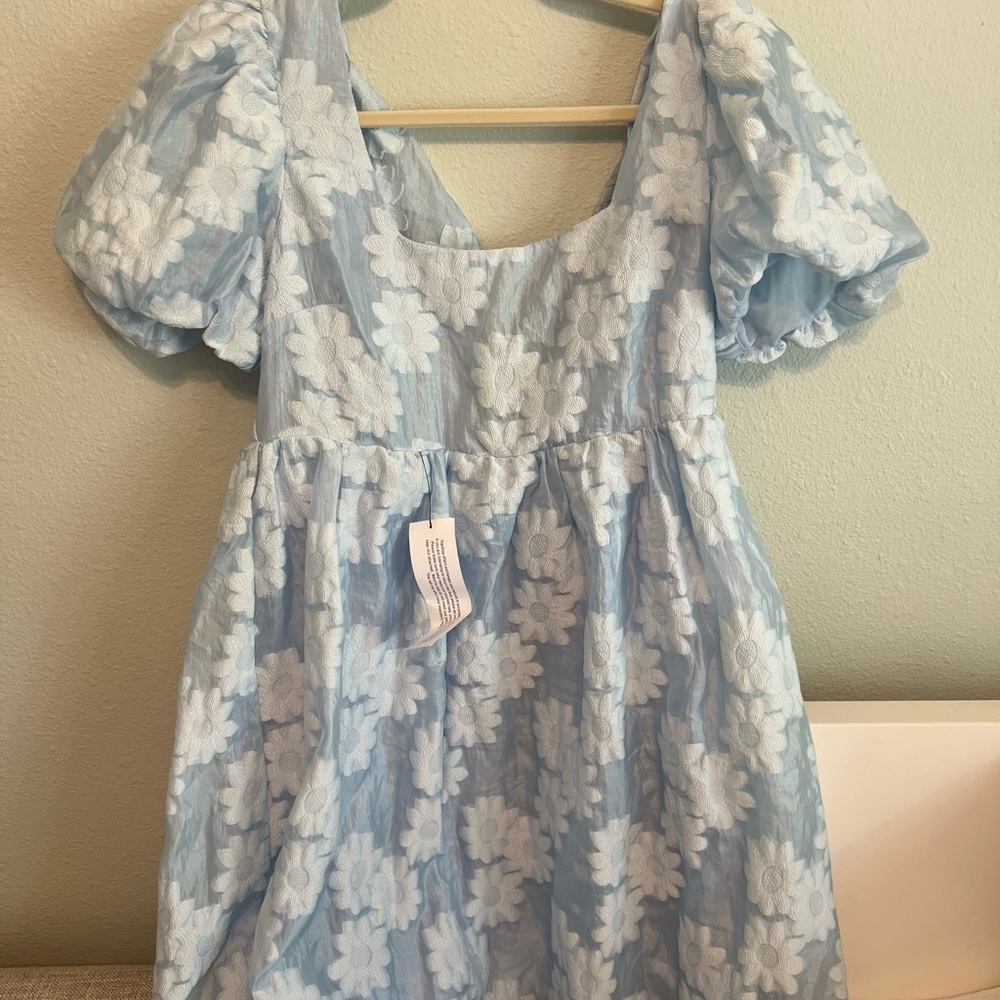 Topshop Blue and White Puff Sleeve Sundress
